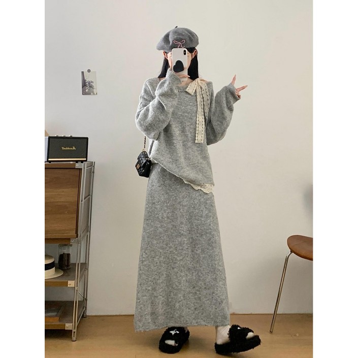 플러스 사이즈 레이스 투피스 원피스 니트투피스 경량패딩