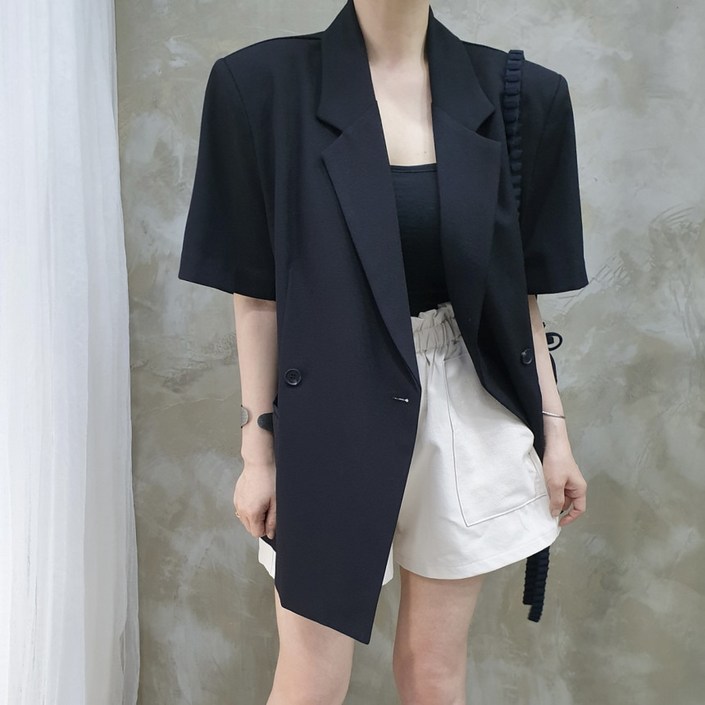 레티고 버튼랩 빅카라넥 반팔 롱 프렌치 자켓