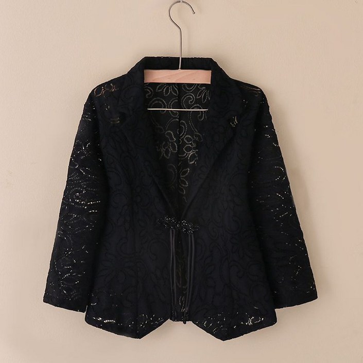 ROYALBELLE 여성 꽃무늬 쇼트핏 7부소매 자외선 차단 정장 재킷 카라넥 루즈핏 레이스 펀칭 자켓 V030127