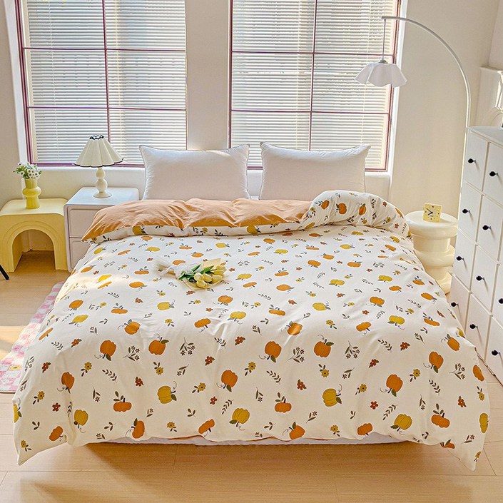 신상 무늬 고밀도 워싱 순면 이불커버 플라워 양면커버 침구 싱글 슈퍼싱글 더블 퀸 킹 라지킹, 호박