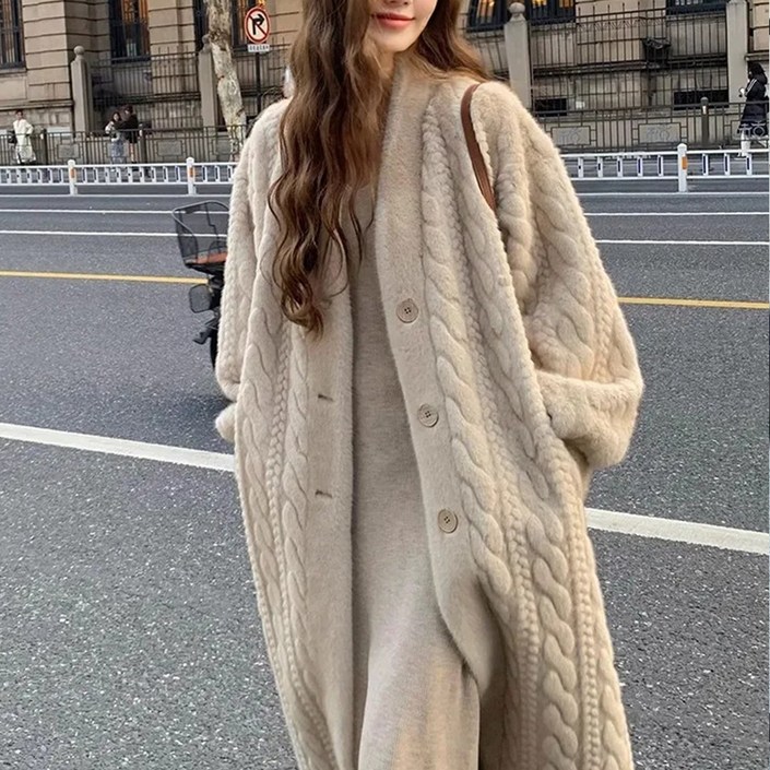 포근 케이블 니트 꽈배기 롱 코트 오버핏 가디건 로브 겨울아우터 점퍼 빅사이즈