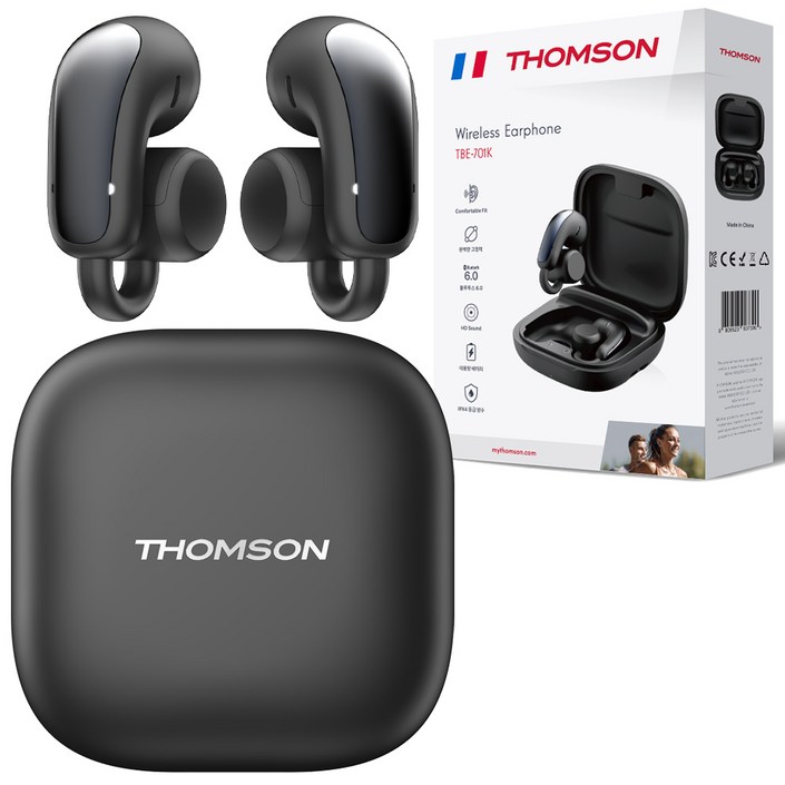 프랑스 톰슨 블루투스 6.0 ENC 노이즈 캔슬링 생활 방수 오픈형 귀걸이 무선 블루투스 이어폰, 블랙, TBE701K