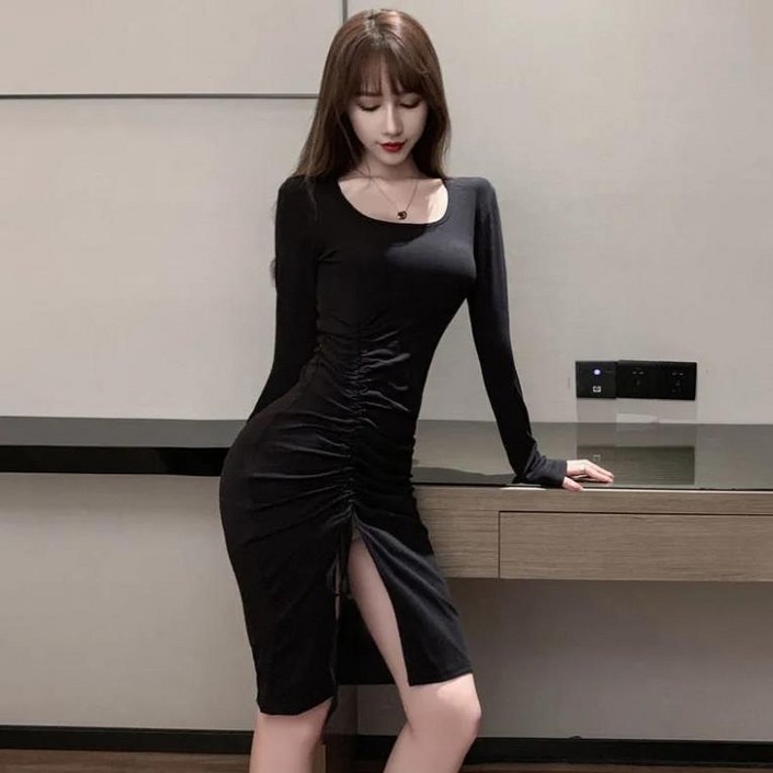 녕동 캐주얼 라운드 U넥 반팔 롱 원피스 슬림 옆트임 원피스 롱티 스커트 데일리룩