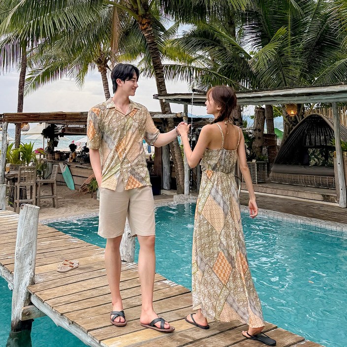 4477 투몬 휴양지 커플룩 신혼여행 여성 여름 바캉스 롱원피스 허니문 하와이안 비치룩 시밀러룩 반팔셔츠 세트 휴가 여행용