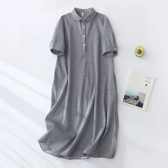 루스리더 여성 여름 신상 고급 캐주얼 오버핏 롱 체크 셔츠 원피스  M180