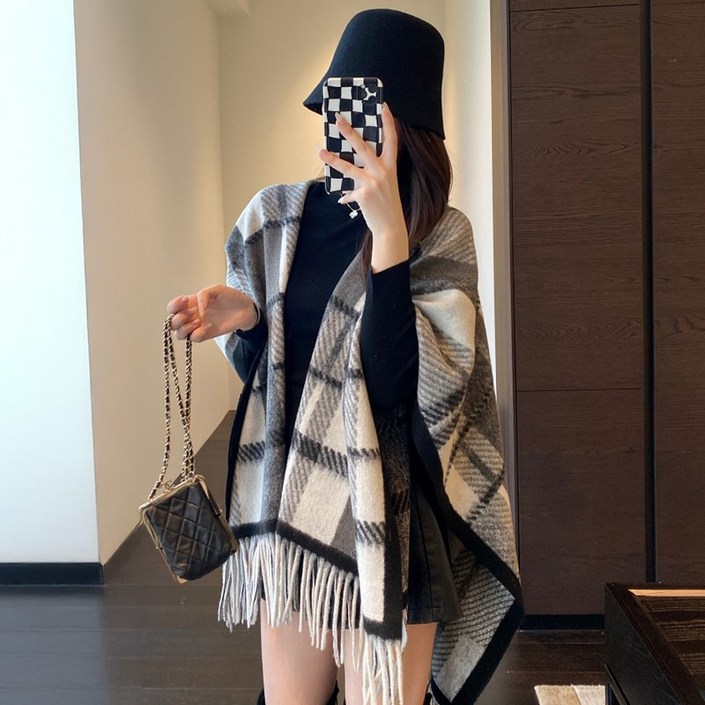 빅무드 빈티지 체크 케이프 숄 가디건 여성 빅사이즈 어깨담요 망토