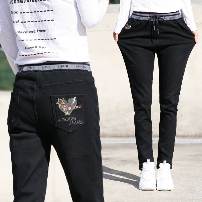 동대문스타일 여자 기모청바지 융본딩 스판 밴딩 데님 팬츠 워싱 블랙진 슬림 일자핏 여성 겨울 PNATS
