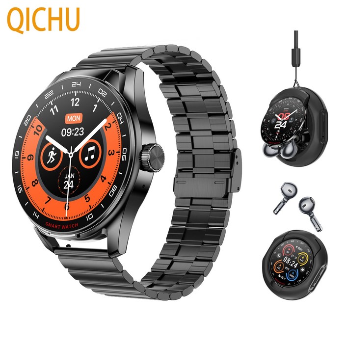 QICHU 2025 신상 출시 스마트워치TWS 블루투스 이어폰 투인원 1.46인치 원형 터치스크린 한국어 등 다양한 언어 지원, GPS 블루투스, 블랙블랙 스틸 테이프, 50.5mm QICHU 2025 신상 출시 스마트워치TWS 블루투스 이어폰 투인원 1.46인치 원형 터치스크린 한국어 등 다양한 언어 지원, GPS 블루투스, 블랙블랙 스틸 테이프, 50.5mm