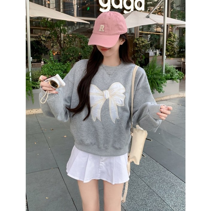 해피유통 가을 맨투맨 여자 루즈핏 자수 리본 긴팔 라운드  상의 LWJ