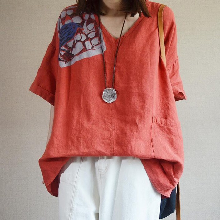 빅사이즈 여성 면마 블라우스 반팔 티셔츠 브이넥 루즈핏 패션 린넨 반팔티 데일리룩 화이트 오렌지 오버핏