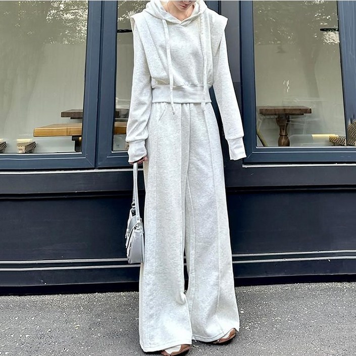 여성 투피스 세트 봄 가을 쇼트 후드 맨투맨 상의 루즈핏 캐주얼 바지 슬림소녀