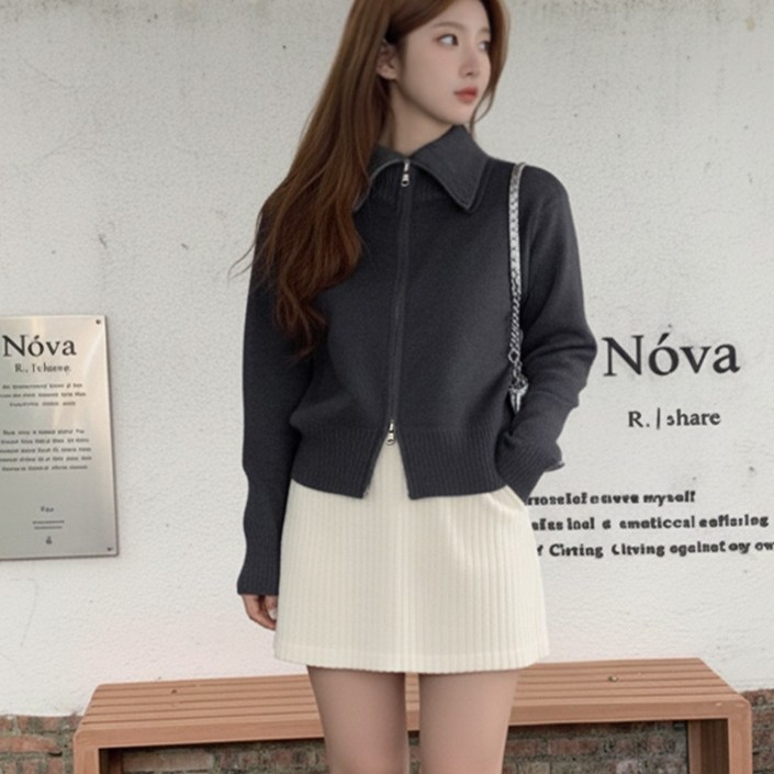 투웨이 집업 카라넥 긴팔 니트 여성 스웨터