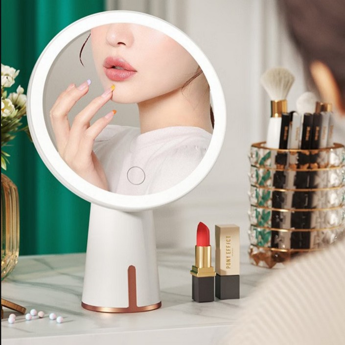 바투하루 화장대 무선 LED 조명 원형 탁상 거울, 화이트
