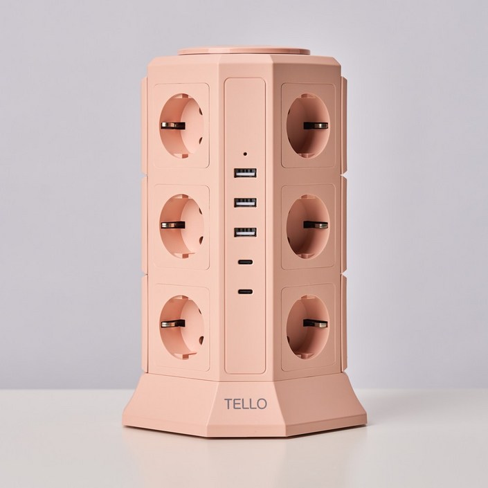텔로 에디션 타워 멀티탭 17구USB3,CTYPE2 KC인증 접지 안전 고급 멀티탭 선정리 가능한 인테리어 귀여운 디자인 예쁜색상, 2m, 블라썸핑크, 1개