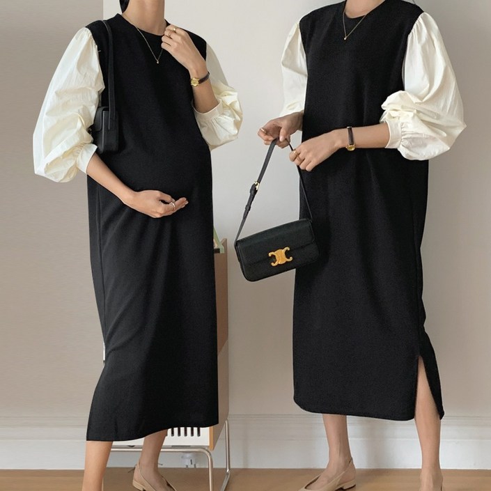 당일출고 수엠W 여성 빅사이즈 임산부 롱원피스 하객룩 모임룩 데일리 원피스 C14 모노톤배색원피스