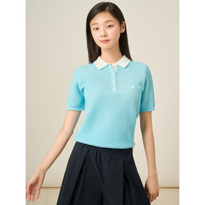 국내백화점 빈폴레이디스 티셔츠 빈폴솔솔니트 투톤 믹스 칼라넥 반소매 풀오버 - 스카이블루 (BF5451C11Q) 반팔 긴팔