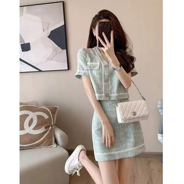 트위드세트 여름 캐쥬얼 스커트 투피스 셋업 하객룩 치마