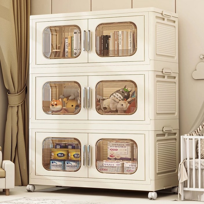 ClosArt 거대형 다층 수납장 폴딩박스 접이식리빙박스 옷정리 수납함, 크림투명창, 1개