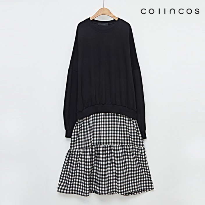 데일리 라운드넥 체크 배색 롱 원피스 IY3SO1100