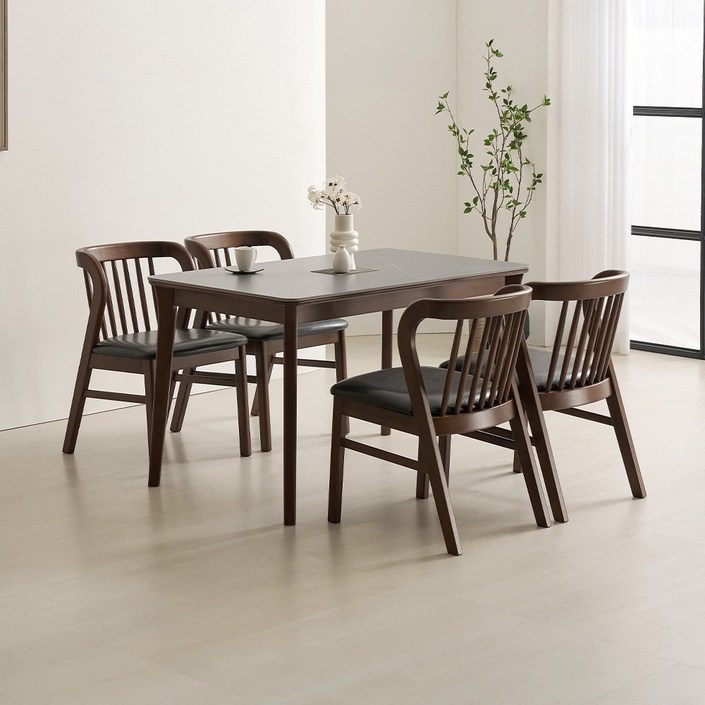 라로퍼니처 데이브 1250 포세린 통 세라믹 4인 고무나무 원목 식탁 세트