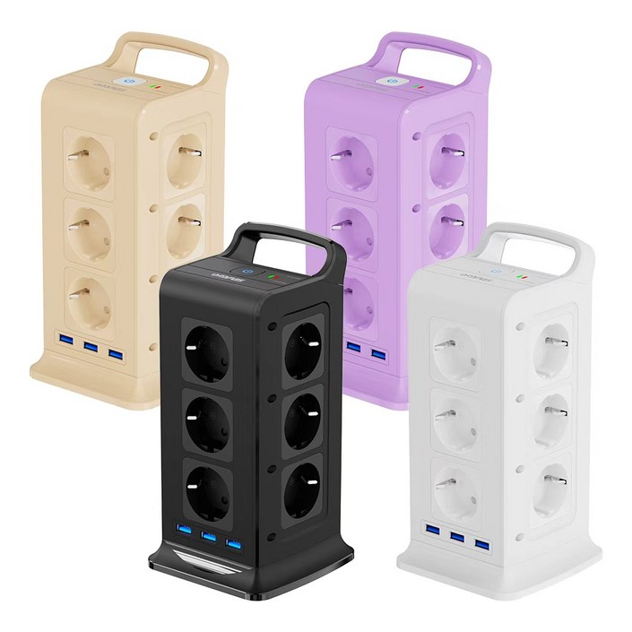 ORDFLES 12구+3USB 고속 충전고용량 4000W 과부하차단 타워형 멀티탭, 1개, 블랙, 2m