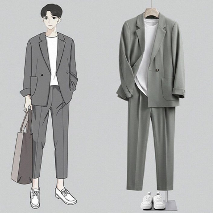 AOUGK 남성 캐주얼 정장세트 오버핏 롱정장 자켓 + 정장 바지 상하세트 빅사이즈 양복 투피스 면접복