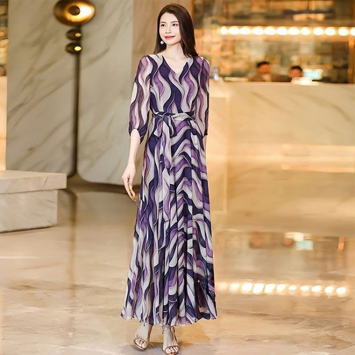 COSYEVNO 여성 롱 쉬폰 원피스 프린트 패션 바캉스 긴팔 스커트