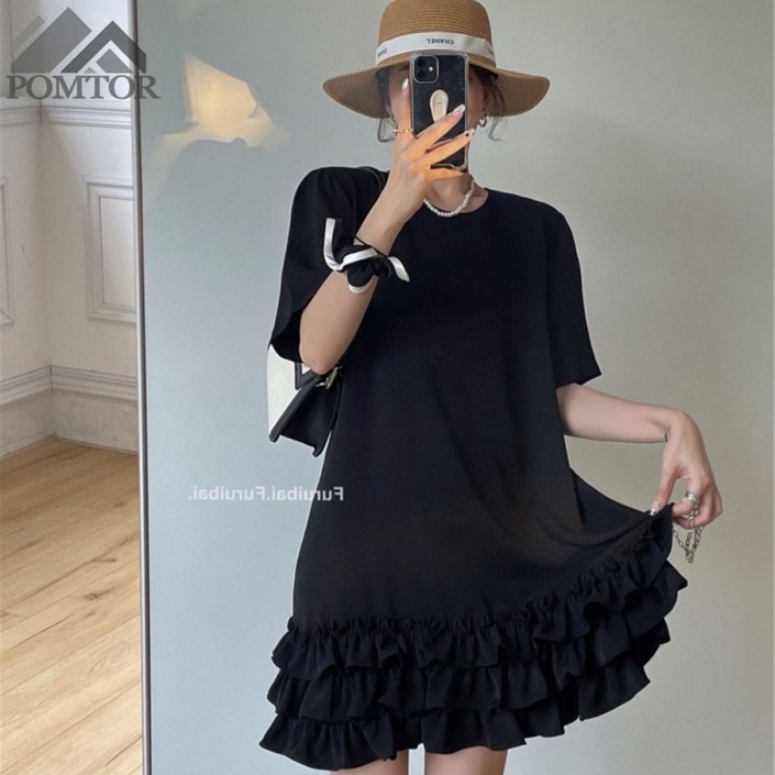 POMTOR 여성 반팔 루즈핏 미니 프릴 티셔츠 원피스L4XL