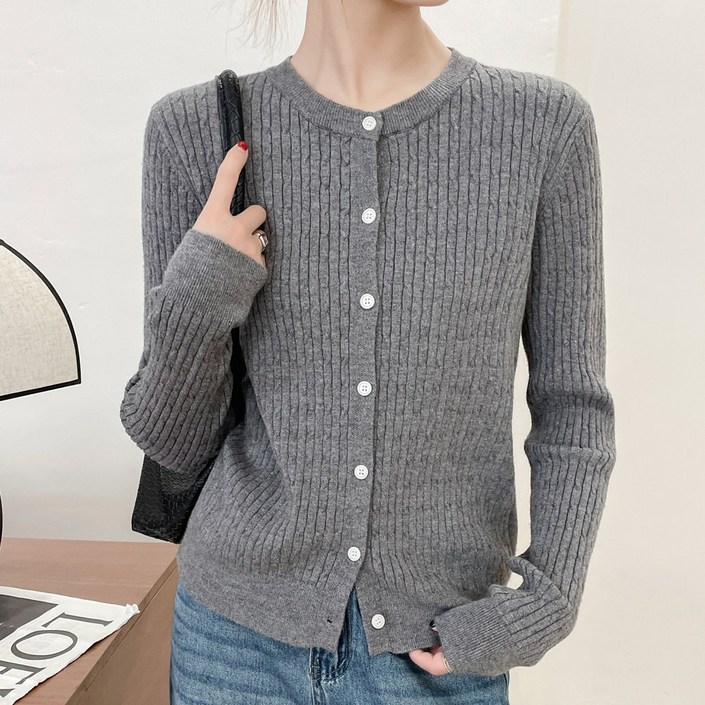 에이플심플 여성 클래식 케이블 라운드넥 가디건