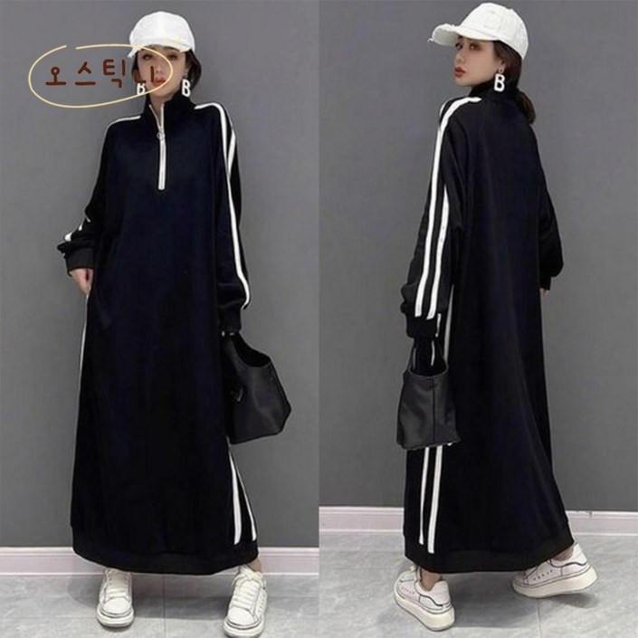 오스틱니 150kg까지 날씬해보이는 원피스 여성 가을 스트라이프 반집업 칼라 제인드 맨투맨 오버핏 이너 긴팔 캐주얼 패션 데일리 클래식배색 빅사이즈 오버사이즈 롱 원피스