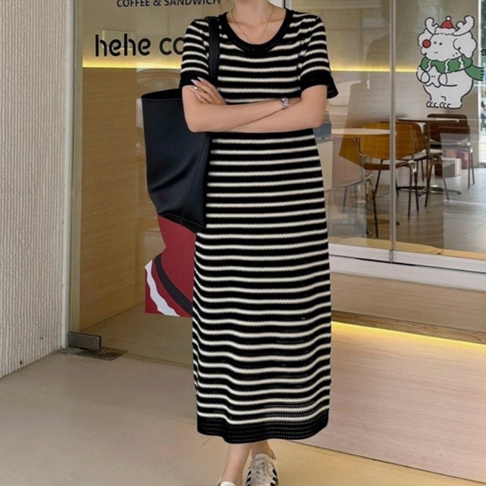 모던허니 여름 반팔 스트라이프 롱 원피스
