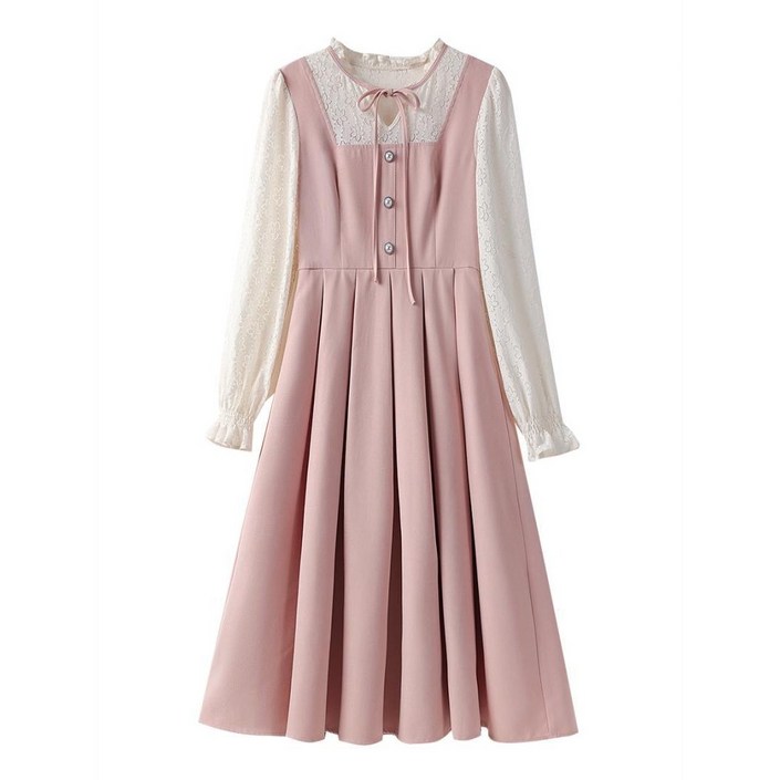 셀럽당 봄 주니어 소녀용 레이스 패치 투피스 긴팔 원피스 중학생 핑크 셔링 원피스 A02653