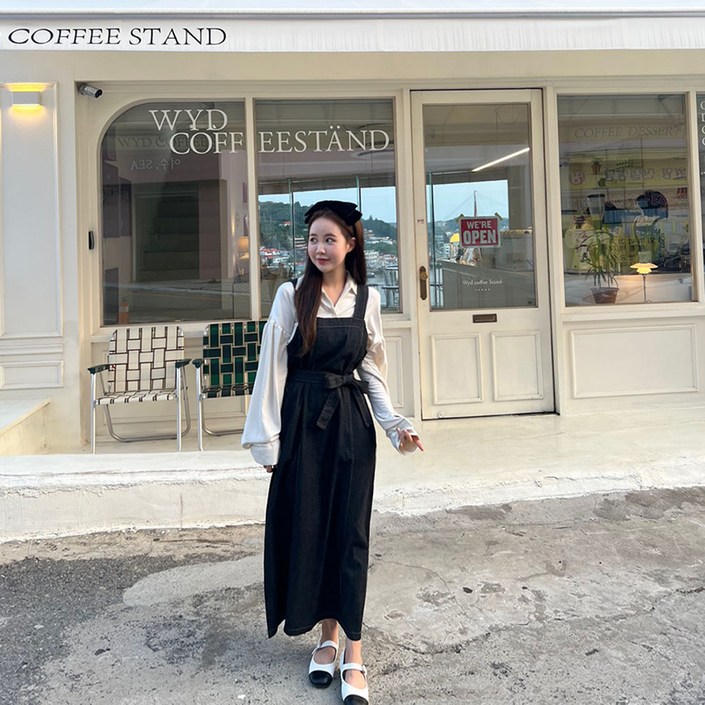 플랜 나시 스티치 리본 청 데님 뷔스티에 롱 원피스