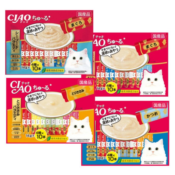 이나바 챠오 츄르 버라이어티 40포 2개 (총 80포) 짜먹는 고양이 간식 참치 가다랑어 닭가슴살 씨푸드 14g, 80개, 14g, 참치+닭가슴살