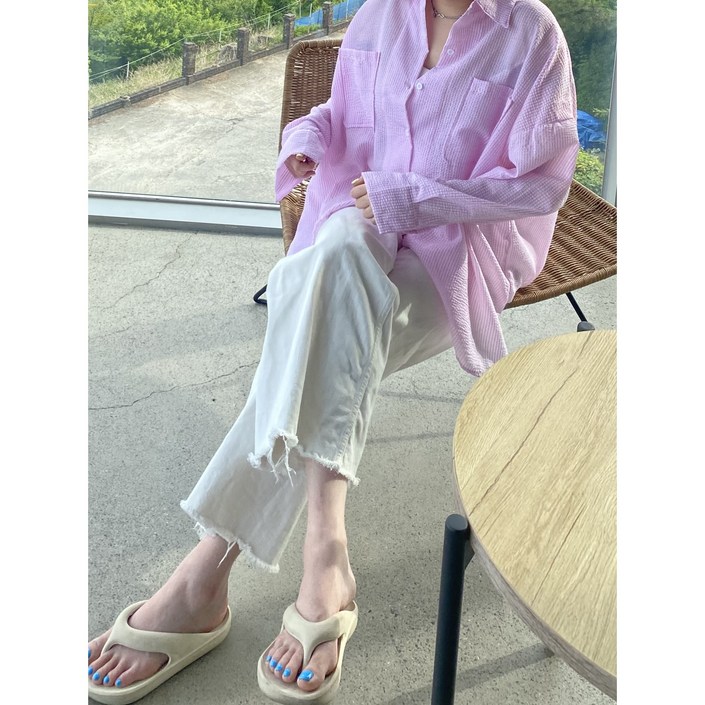 미유 여성 빅사이즈 오버핏 여름 통기성 시어서커 스트라이프 셔츠