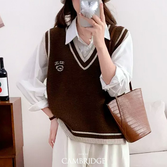 잭오브캠브릿지 여성 레이어드 배색 니트 조끼 간절기 스웨터 베스트 곰돌이 루즈핏 박시 와이드 조끼 AA-183