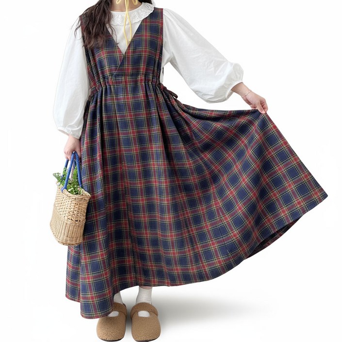 55120 빅사이즈 가을 겨울 타탄 체크 뷔스티에 롱원피스 스트링 조절