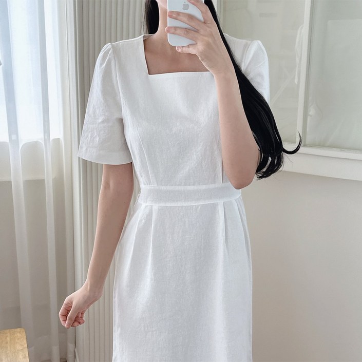 이푼아이 린넨 양트임 스퀘어넥 반팔 롱 미니 원피스