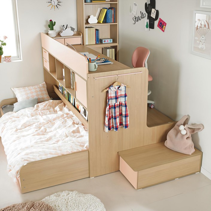꿈꾸는요셉 엘리 벙커 책상 침대 C세트 슈퍼싱글 방문설치, 핑크
