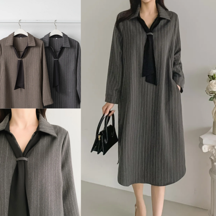 우아모 타이 스트라이프 롱원피스 중년여성 빅사이즈 하객룩 엄마옷