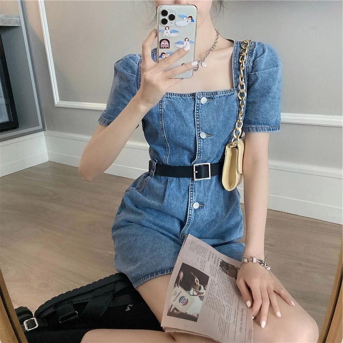 여성 반팔 데님 원피스 캐주얼 봄 여름 하이웨이스트 a라인 스퀘어넥 스커트 기질 퍼프 소매 청치마 ZZL