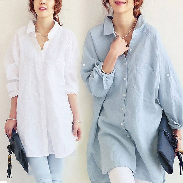 추춘 여성 심플 롱셔츠 캐주얼 순면 카라넥 루즈핏 긴팔 셔츠 화이트 봄가을 남친셔츠 데일리 롱남방 원피스 오버핏