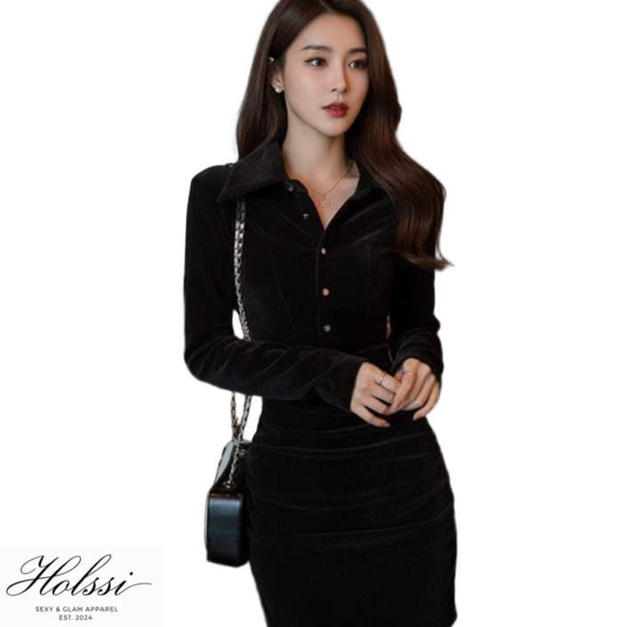 holssi 여성용 벨벳 카라 바디콘 원피스 주름 허리 긴팔 미니드레스