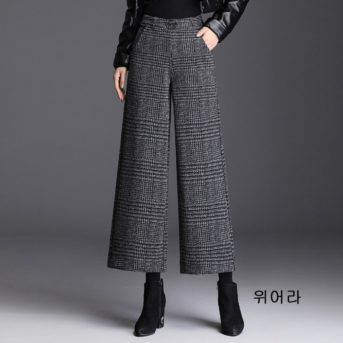 여성겨울바지 모직팬츠 빅사이즈 와이드 가을바지  밴딩 팬츠 여성용 세미와이드 일자핏 체크팬츠  D99U