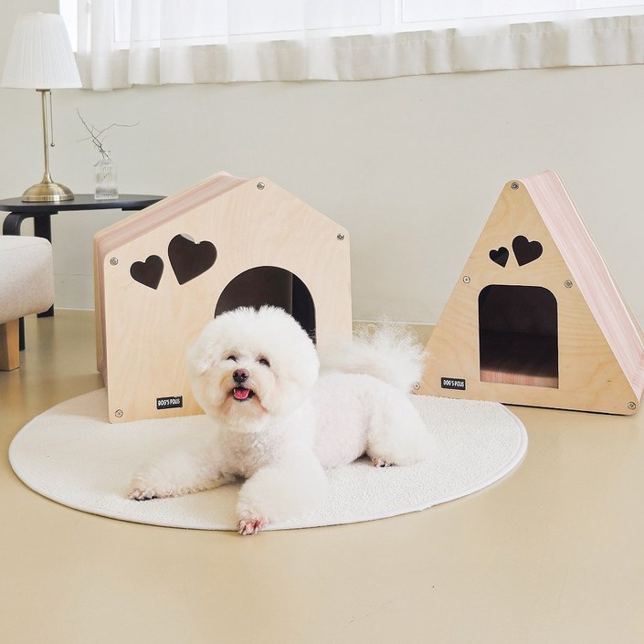 도그폴리스 우드하우스방석 포함 강아지집 숨숨집 고양이 펫 하우스 강아지 원목집, 1개