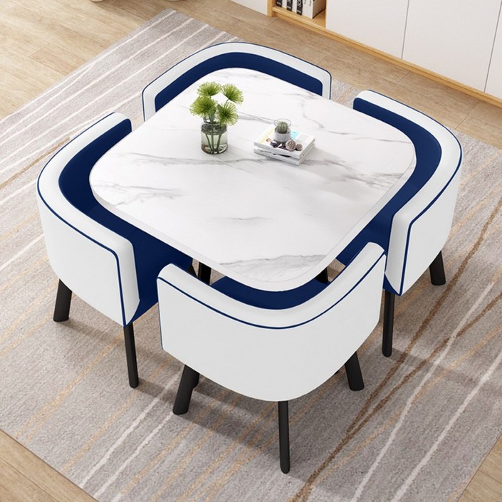 MEETON 감성 인테리어 4인용 티 테이블 세트 원목 의자포함 식탁 원형 카페 둥근모서리, 사각마블화이트체어화이트블루, 4인용