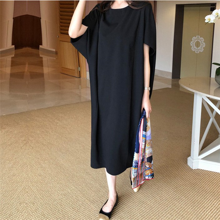 여리핏체형커버 린넨 블렌드 벌룬 루즈핏 롱원피스  편한 데일리룩 빅사이즈 여름 반팔 원피스