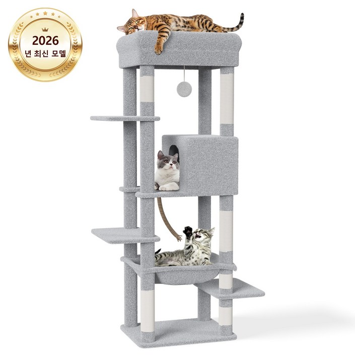 2026 업그레이드 고양이 타워 해먹 캣하우스 대형 고양이용 스크래처 다묘 가족용 캣타워 세련되고 귀여운 디자인 높은 안정성 운동 부족 해소 높이 약 150cm 한국어 설명서 포함, 회색, 1개