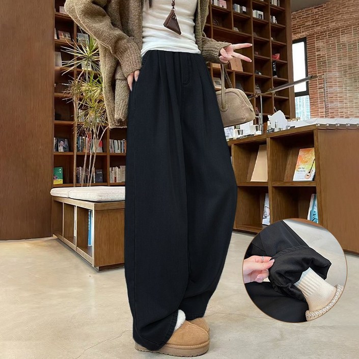 편안한42 예쁜 여성 기모 청바지 겨울 와이드 데님 팬츠