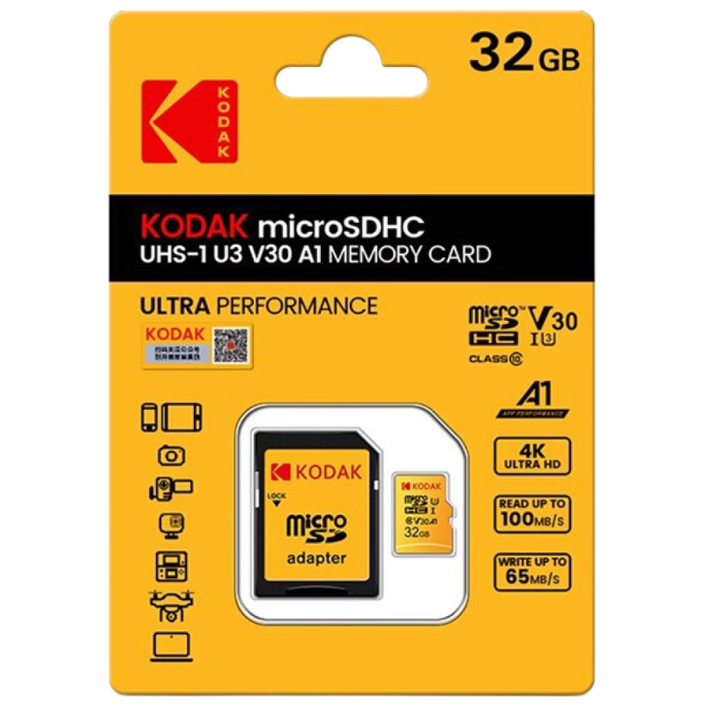 Kodak 마이크로 SD 카드 A1 Class10 32GB 64GB 고속 쓰기 슈퍼 호환성 전화 카메라 Meomory